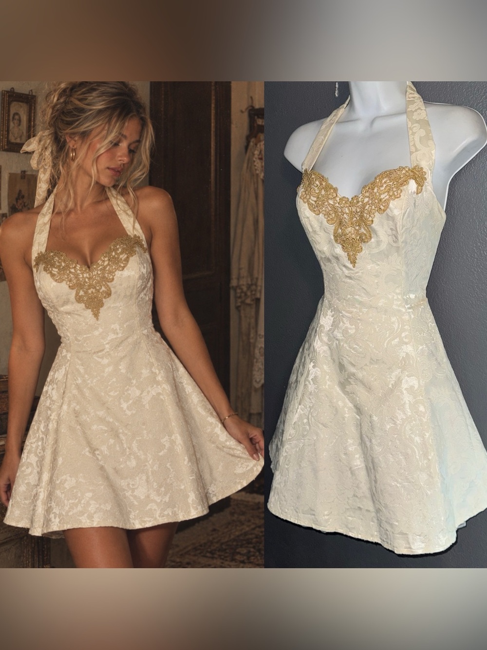 VINTAGE Marnie West Women's Cream White Halter Neck Lace Mini Dress Small 4-6